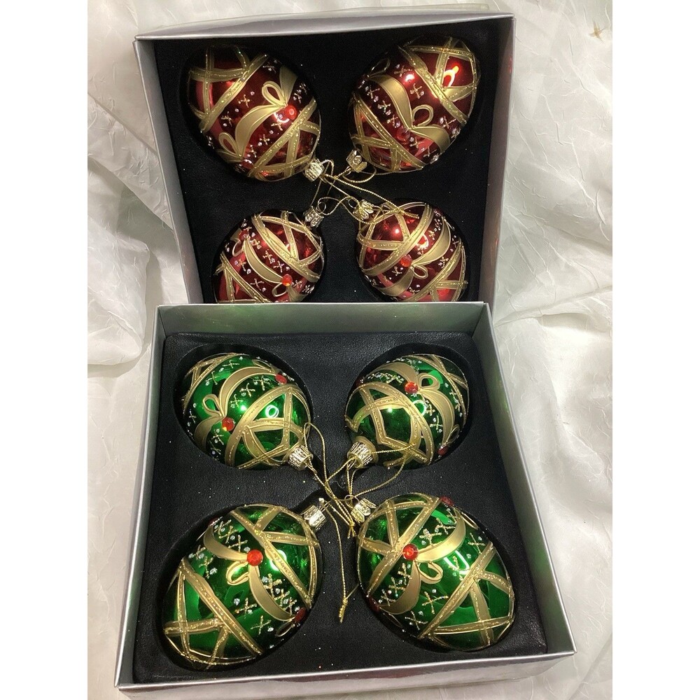 Eggs Shaped Christmas Ornaments Red & Green Jewels Glass Gold Glitter 2 Sets